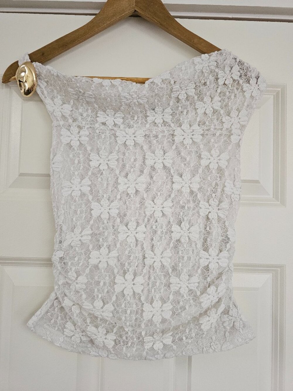 Women's White Lace Crop Top, metalic gold detail, size Small